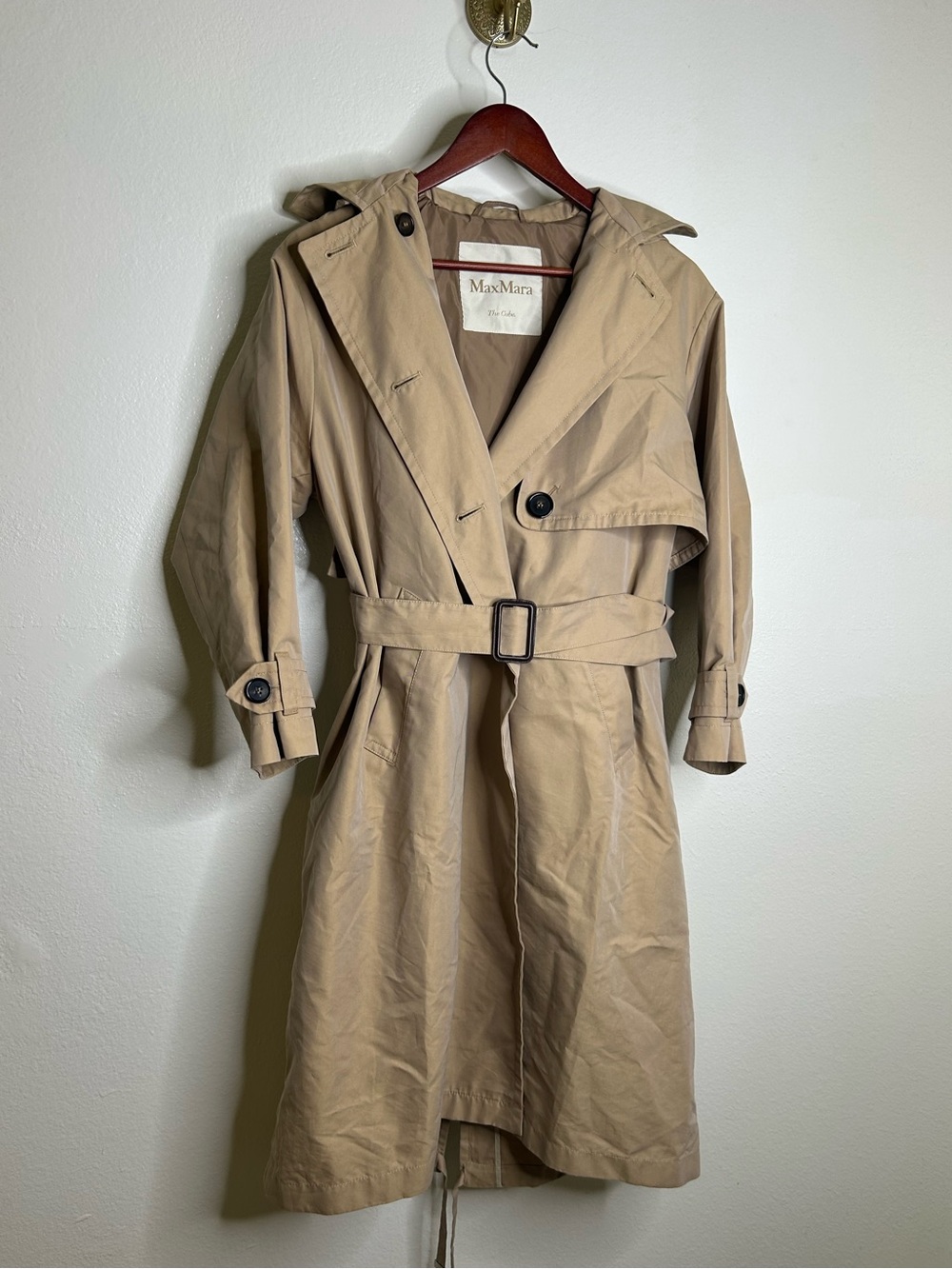 MaxMara 100% Cotton Tan Belted Trench Coat with Detachable Hood Size 0/XS